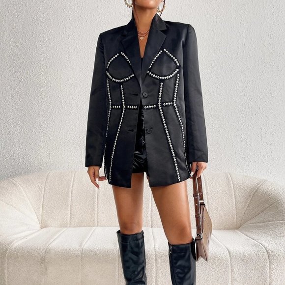 Trendy Contemporary Studded Detail Dual Pocket Satin Blazer Black - Picture 2 of 5